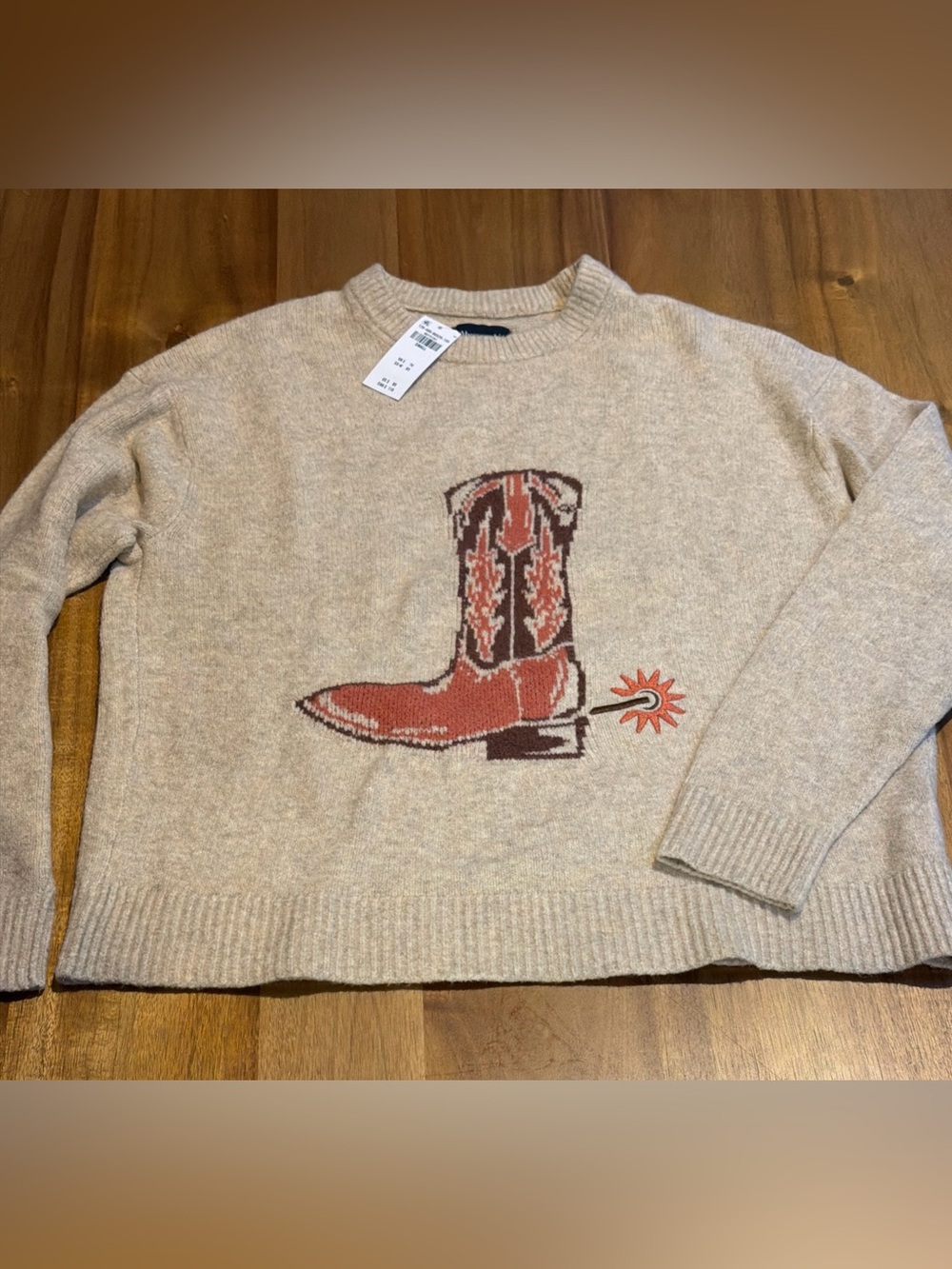 Abercrombie & Fitch Beige Crewneck Sweater with Red Western Boot